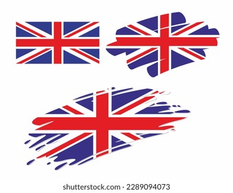 Set of british flags, in different styles - correct, brush, marker and swoosh design. Represents the state of Great Britain and the Commonwealth.