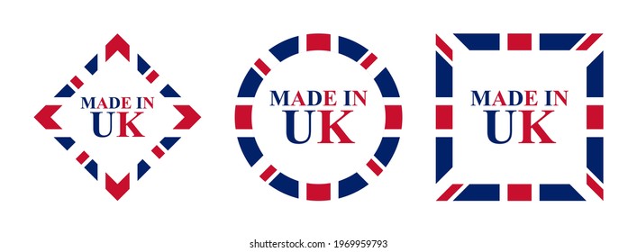 set of british flags. made in uk. logo, prints, symbol, seal. isolated on white background
