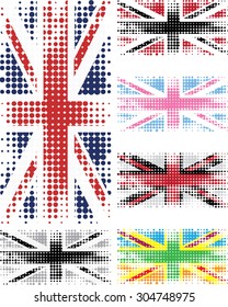 Set of British flags for t-shirt, posters... Halftone texture. Different color schemes.