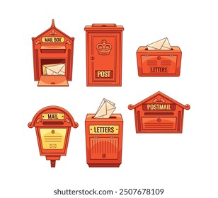 Set Of British Mailboxes With Various Traditional Designs, Some Containing Letters, Representing Classic Postal Services