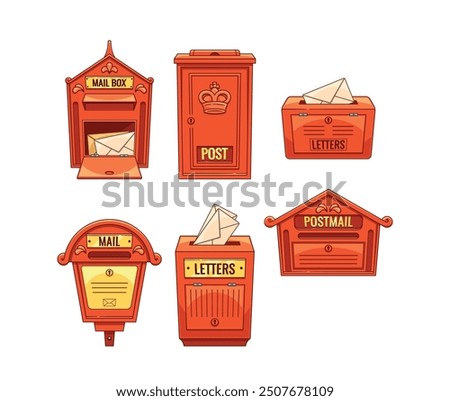 Set Of British Mailboxes With Various Traditional Designs, Some Containing Letters, Representing Classic Postal Services