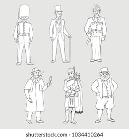 Set Of British People - Royal Guard, English Gentleman, Policeman, Detective, Scottish Bagpiper, Irish Man, Hand Drawn Vector Illustration Isolated On Gray Background. English, British People Set