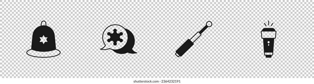 Set British police helmet, Hexagram sheriff, Telescopic baton and Flashlight icon. Vector