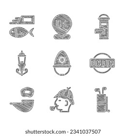 Set British police helmet, Sherlock Holmes, Golf bag with clubs, London sign, Smoking pipe, Vintage street light, mail box and Fish and chips icon. Vector