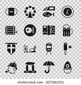 Set British police helmet, Wood cricket bat and ball, Wooden beer mug, Fish chips, breakfast, barrel, Rugby and Pound sterling money icon. Vector