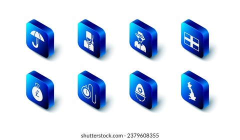 Fijen al soldado británico, Reina Isabel, Bandera de Inglaterra, mapa, casco de la policía, Ver con cadena, Libra de bolso de dinero e ícono de paraguas. Vector
