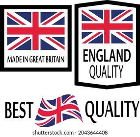 Set of British stickers. Made in Great Britain, England Quality, Best quality. Simple icons with UK flags.