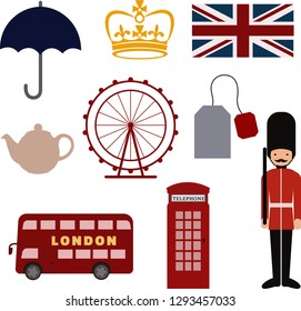 A set of British symbols: Queen's guard, red telephone booth, umbrella, crown, the Union Jack. teapot