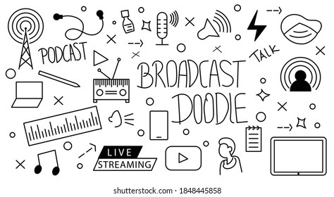 Set of broadcast doodle isolated on white background. podcast, live streaming, speech, fm radio