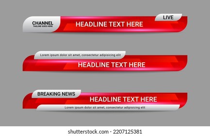 Set of broadcast news lower third banner templates for Television, Video and Media Channels. Futuristic headline bar layout design vector