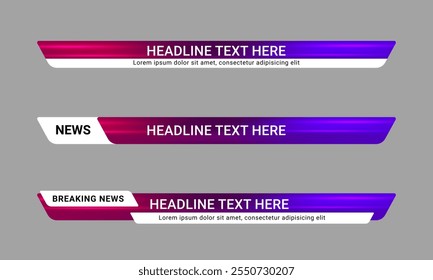 Conjunto de noticias de transmisión de Plantilla Video de tercer Anuncio inferior para televisión, y canal de medios. Diseño de diseño de barra de título. Ilustración vectorial