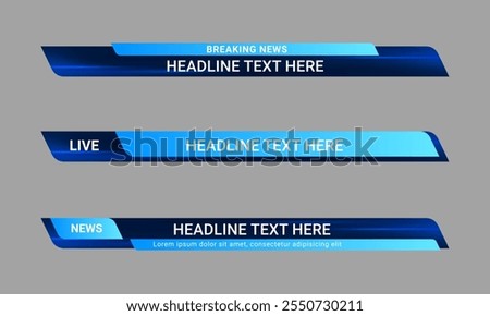 Set of broadcast news lower third banner template for television, video and media channel. Headline bar layout design. Vector illustration