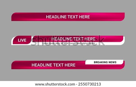 Set of broadcast news lower third banner template for television, video and media channel. Headline bar layout design. Vector illustration