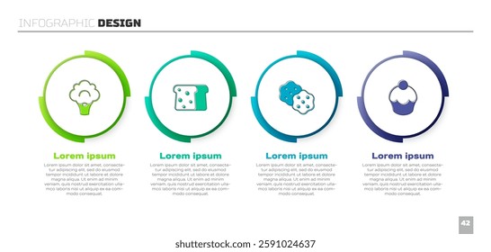 Set Broccoli, Bread toast, Cracker biscuit and Muffin. Business infographic template. Vector