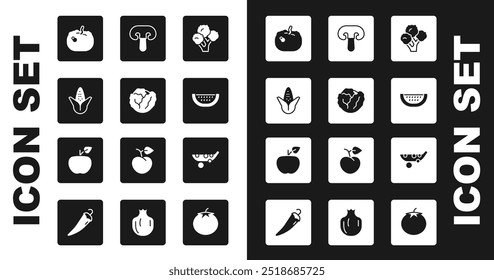 Set Broccoli, Cabbage, Corn, Pumpkin, Watermelon, Mushroom, Peas and Apple icon. Vector