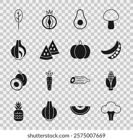 Set Broccoli, Corn, Green peas, Avocado fruit, Watermelon, Onion, Spinach and Pumpkin icon. Vector
