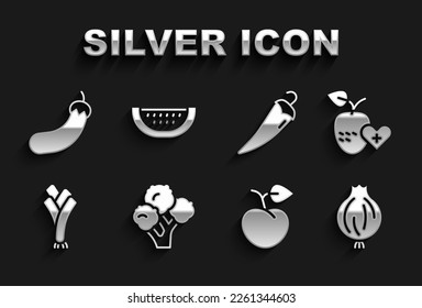Set Broccoli, Healthy fruit, Garlic, Peach or nectarine, Leek, Hot chili pepper, Eggplant and Watermelon icon. Vector