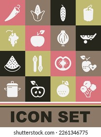 Set Broccoli, Healthy fruit, Peas, Cucumber, Apple, Grape, Hot chili pepper and Garlic icon. Vector