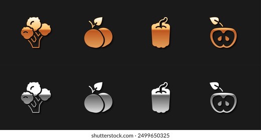 Set Broccoli, Mango fruit, Bell pepper and Apple icon. Vector
