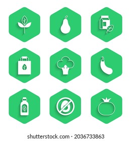 Ponga brócoli, sin carne, tomate, berenjena, botella de aceite esencial, bolso de compras con reciclador, leche y hojas vegan o icono de hojas. Vector