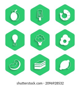 Set Broccoli, Piece of cake, Lemon, Scrambled egg, Steak meat, Chicken leg, Shrimp and Plum fruit icon. Vector
