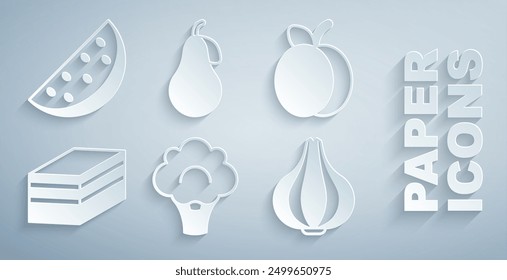 Set Broccoli, Plum fruit, Piece of cake, Garlic, Pear and Watermelon icon. Vector