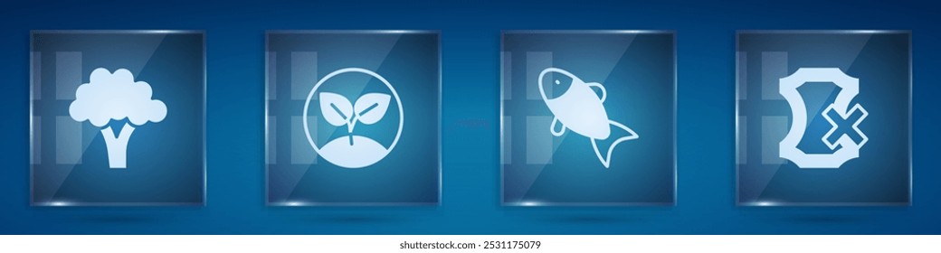 Conjunto de brócoli, brotes, pescado y cuero. Paneles de vidrio cuadrados. Vector