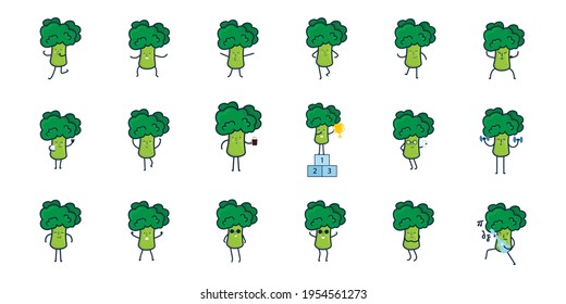 Set of Broccoly cartoon character. Vector illustration broccoli character mascot isolated on white background,