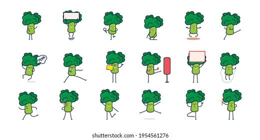 Set of Broccoly cartoon character. Vector illustration broccoli character mascot isolated on white background,