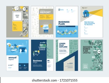 Set of brochure, annual report, business plan cover design templates. Vector illustrations for business presentation, business paper, corporate document, flyer and marketing material.