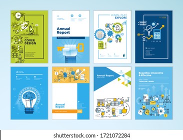 Conjunto de brochura, relatório anual, modelos de design de capa de plano de negócios. Ilustrações vetoriais para apresentação de negócios, papel comercial, documento corporativo, folheto e material de marketing.