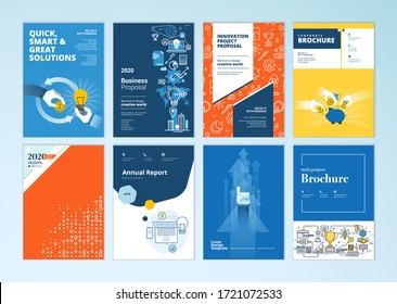 Set of brochure, annual report, business plan cover design templates. Vector illustrations for business presentation, business paper, corporate document, flyer and marketing material.