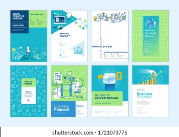 Set of brochure, annual report, business plan cover design templates. Vector illustrations for business presentation, business paper, corporate document, flyer and marketing material.