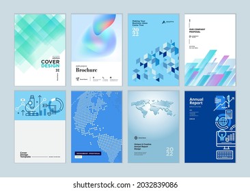 Set of brochure, annual report, business plan cover design templates. Vector illustrations for business presentation, business paper, corporate document, and marketing material.