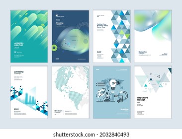 Set of brochure, annual report, business plan cover design templates. Vector illustrations for business presentation, business paper, corporate document, and marketing material.