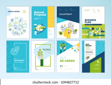 El conjunto de folletos y el informe anual abarcan los modelos de diseño de la naturaleza, la tecnología ecológica, la energía renovable, el desarrollo sostenible y el medio ambiente. Ilustraciones vectoriales para diseño de volante, material de marketing.