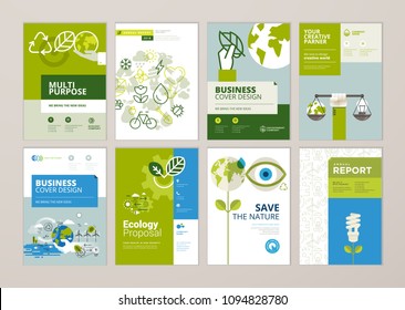 Set of brochure and annual report cover design templates of nature, green technology, renewable energy, sustainable development, environment. Vector illustrations for flyer layout, marketing material.