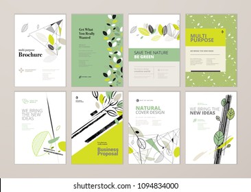 Set of brochure and annual report cover design templates on the subject of nature, environment and organic products. Vector illustrations for flyer layout, marketing material, magazines, presentations