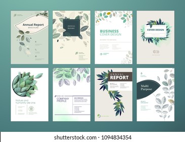 Set of brochure and annual report cover design templates on the subject of nature, environment and organic products. Vector illustrations for flyer layout, marketing material, magazines, presentations