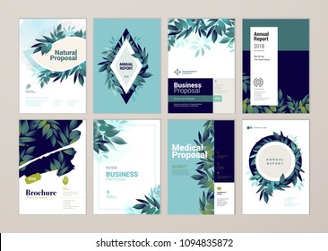 Set of brochure and annual report cover design templates on the subject of nature, environment and organic products. Vector illustrations for flyer layout, marketing material, magazines, presentations