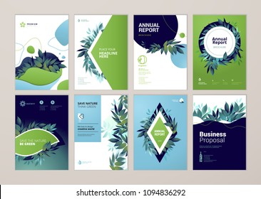 Conjunto de brochura e relatório anual cobrem modelos de design sobre a natureza, o ambiente e os produtos biológicos. Ilustrações vetoriais para layout de flyer, material de marketing, revistas, apresentações