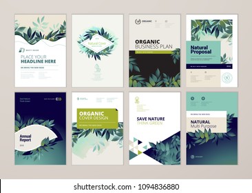 Set of brochure and annual report cover design templates on the subject of nature, environment and organic products. Vector illustrations for flyer layout, marketing material, magazines, presentations