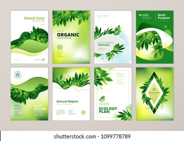 Conjunto de folletos e informes anuales abarcan las plantillas de diseño sobre el tema de la naturaleza, el medio ambiente y los productos orgánicos. Ilustraciones vectoriales para diseño de volantes, material de marketing, revistas, presentaciones