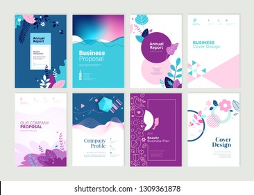 Conjunto de folletos, informes anuales y plantillas de diseño para belleza, spa, bienestar, productos naturales, cosméticos, moda, salud. Ilustraciones vectoriales para presentación empresarial y marketing.