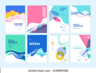 Conjunto de folletos, informe anual, plantillas de diseño de portada. Ilustraciones vectoriales para presentación de negocios, documentos de empresa, volante y material de marketing.