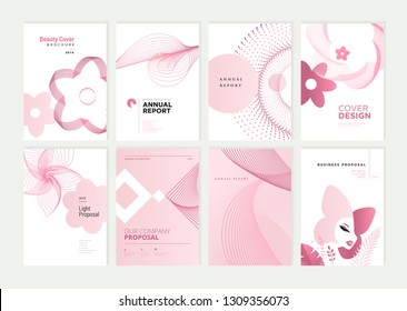 Conjunto de folletos y modelos de diseño de informes anuales para belleza, spa, bienestar, productos naturales, cosméticos, moda, salud. Ilustraciones vectoriales para la presentación empresarial y material de marketing.