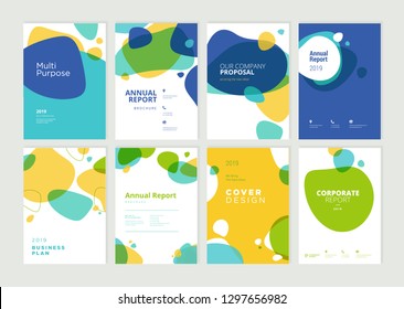 Set of brochure, annual report, flyer design templates in A4 size. Vector illustrations for business presentation, business paper, corporate document cover and layout template designs.