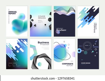 Set of brochure, annual report, flyer design templates in A4 size. Vector illustrations for business presentation, business paper, corporate document cover and layout template designs.