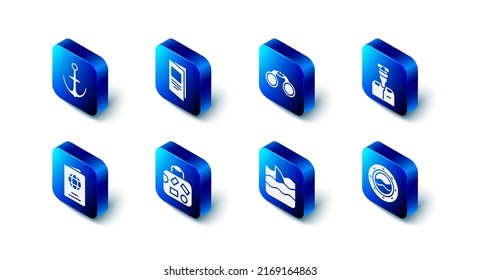 Set Brochure, Binoculars, Captain of ship, Ship porthole with seascape, Shark fin ocean wave, Suitcase, Passport and Anchor icon. Vector