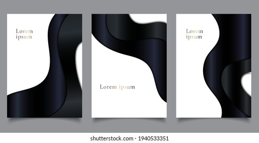 Set of brochure cover luxury template paper cut style black curve wave shape on white background. You can use for business presentation, leaflet, poster, banner, etc. Vector illustration